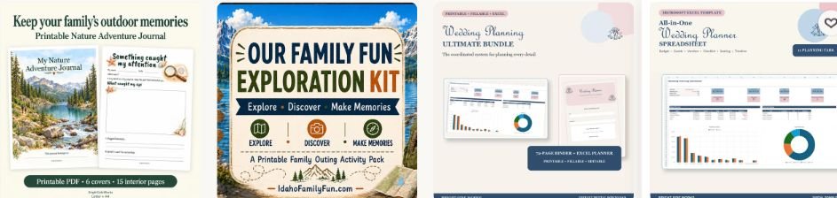 Current BrightSideWorks products: Printable Nature Journal, Our Family Fun Exploration Kit, wedding planner bundle, and wedding planner spreadsheet