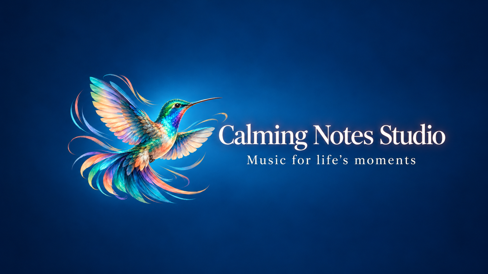 Colorful hummingbird on deep blue beside Calming Notes Studio and Music for life's moments